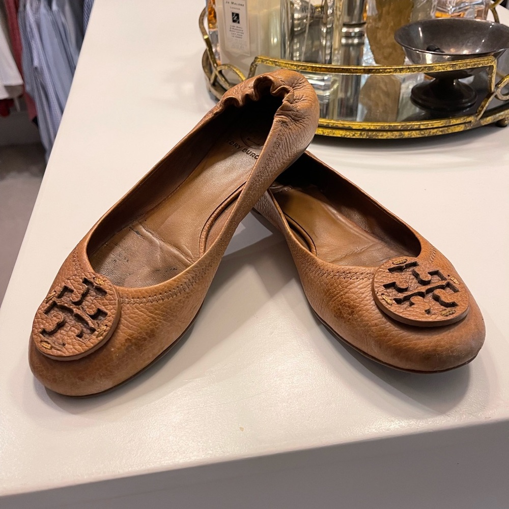Tan Tory Burch Reva flats- well worn but have some life left.